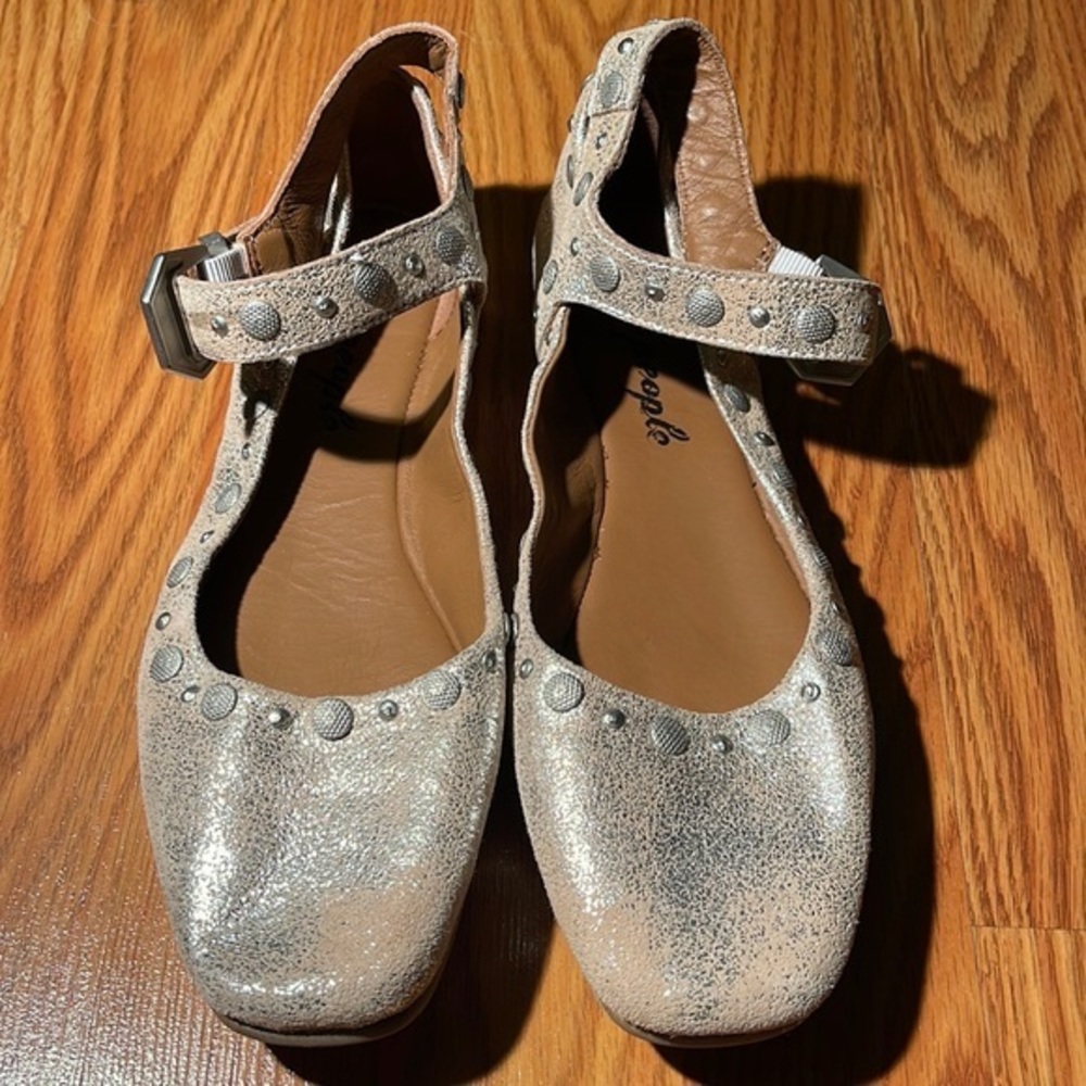 Free People Silver Flats with Ankle Strap